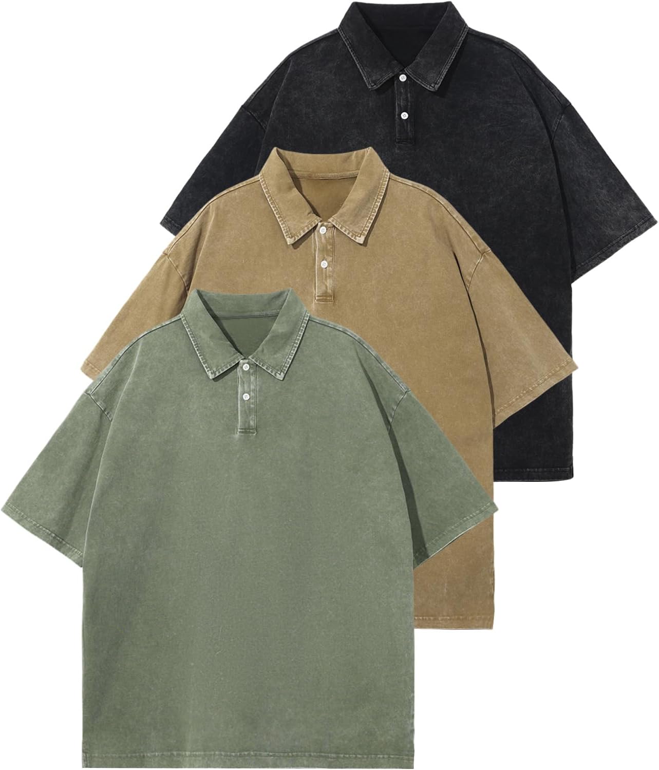 Gihuo Mens Polo Shirts Short Sleeve Oversized Acid Wash Cotton Tshirts Vintage Baggy Collared Shirt