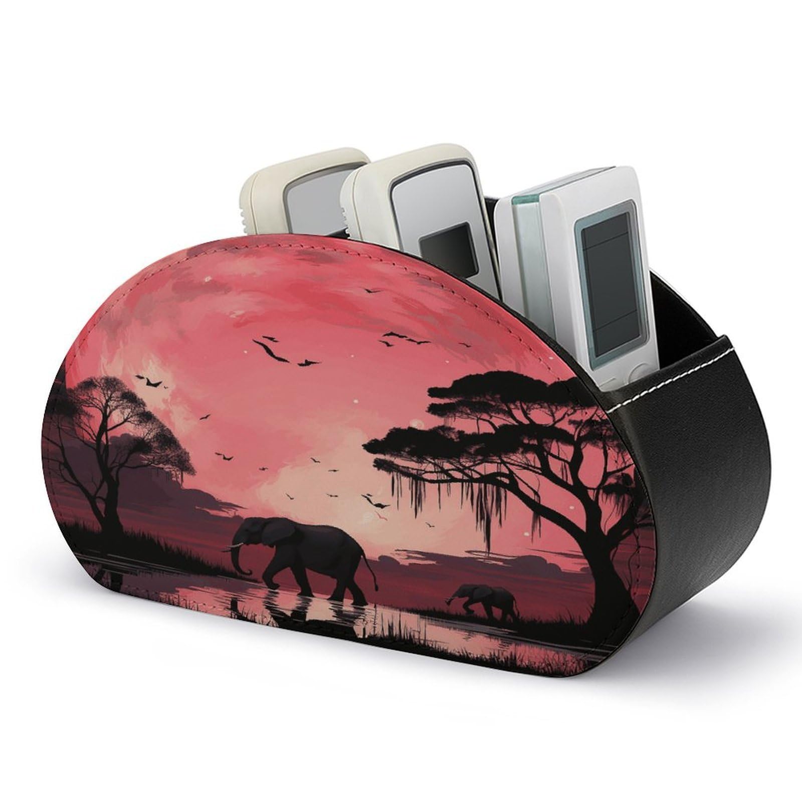 FodPand Pink Moon Elephant Remote Control Holders PU Leather Remote Caddy Desktop Organizer with 5 Compartments TV Remote Holder Box Tray for Bedside Table Office Desk Accessories&Gift