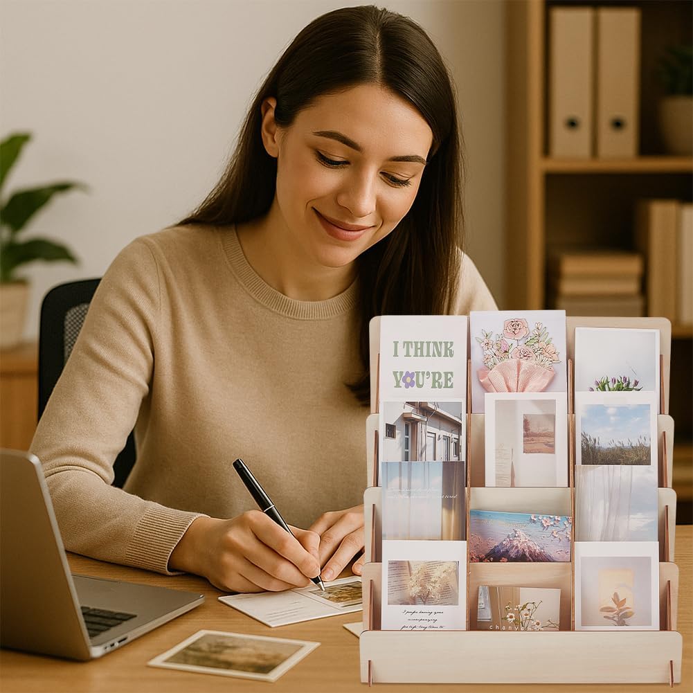 UNICRAFTALE 4-Tier 12 Grids Greeting Card Display Stand Wooden Organizer Rack Card Holder for Retail Stores Card Holder for Sticker Postcard Brochure Photos 13.77"x7.87"x14.96"