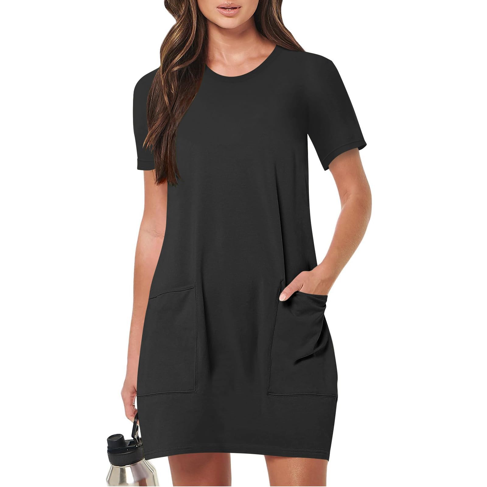 Jybuyye Women Tshirt Dress with Pockets Summer Casual Short Sleeve Sundresses Crew Neck Modest Dresses A Line Mini Dress
