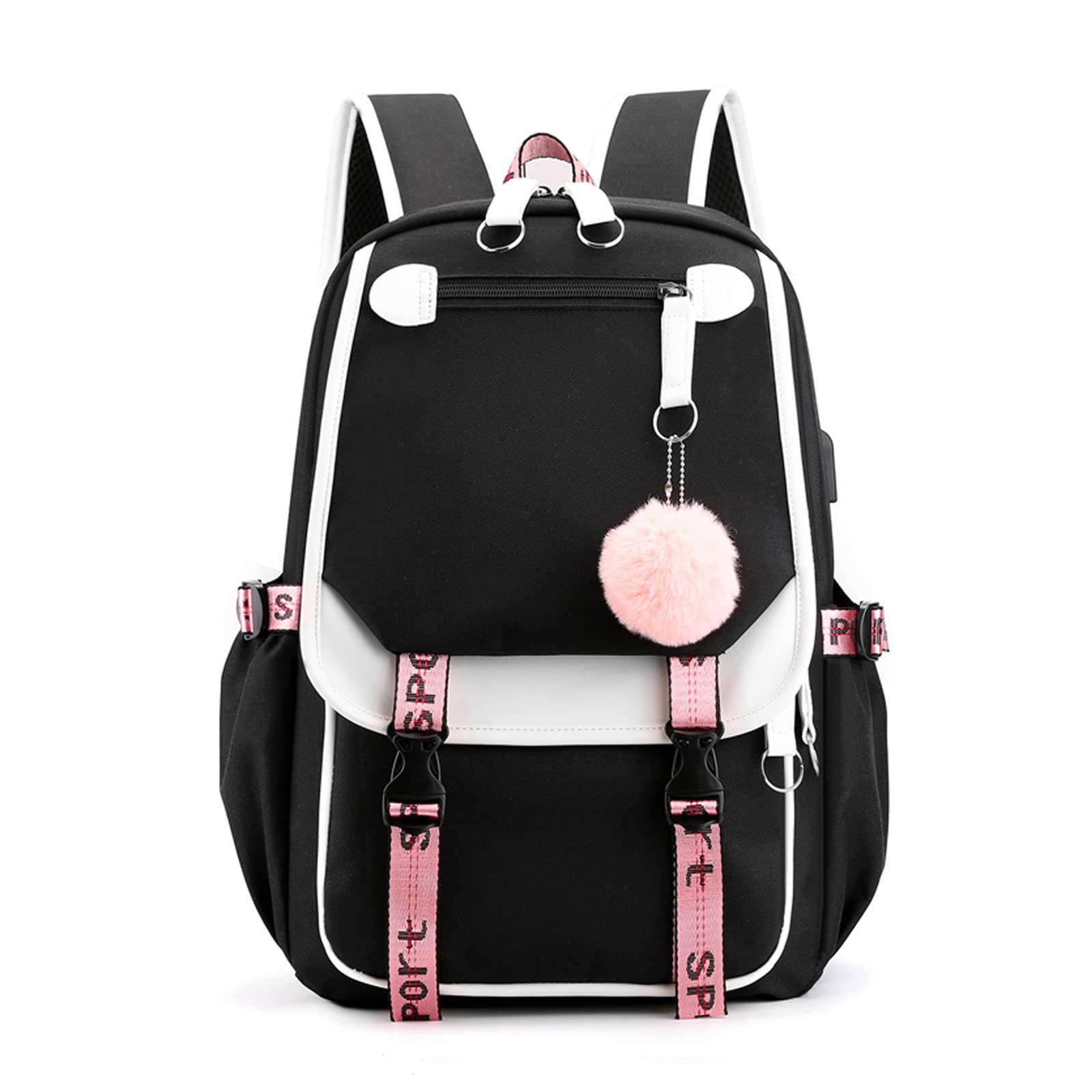 FANDARE Sac à Dos de Filles Sacs d'école Loisir Cartable Sacs Scolaires avec Port de Charge USB pour Femme Outdoor Voyage Achats Pique-Nique Campus Randonnée avec Pendentif Hair Ball Noir