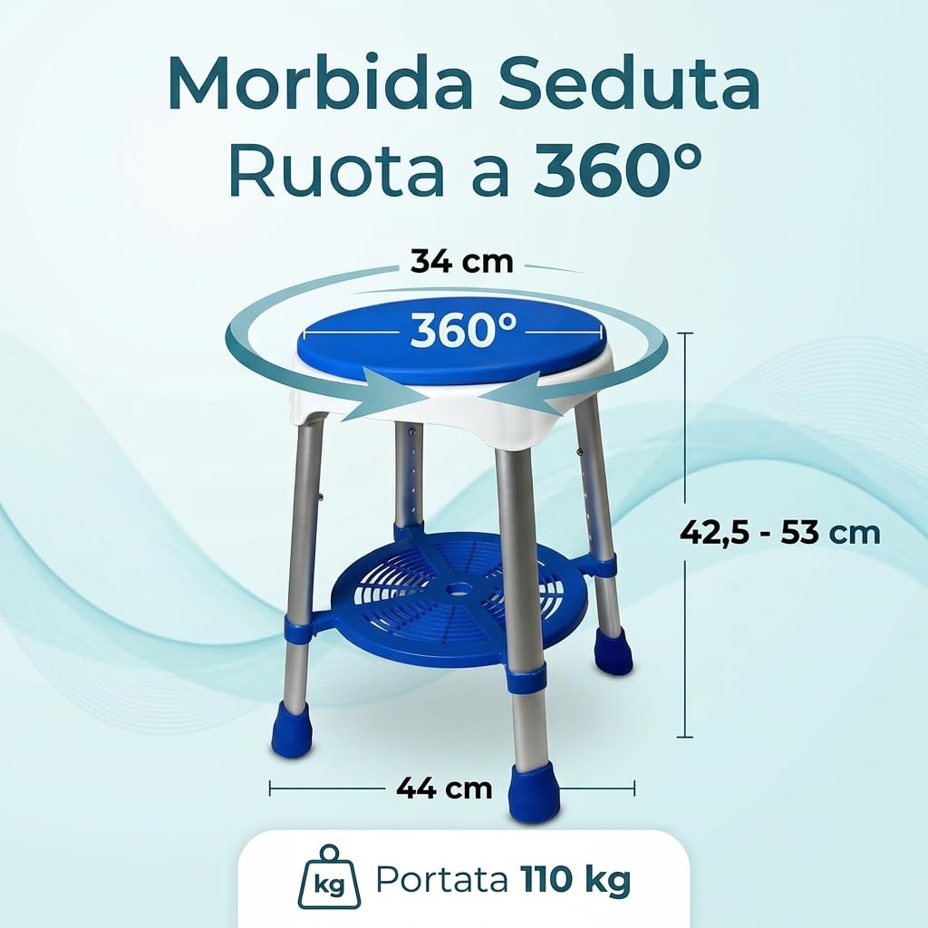 Sgabello da Doccia girevole a 360° con Cuscino Antibatterico e Ripiano Portaoggetti, con Altezza Regolabile per Anziani e Disabili Bianco