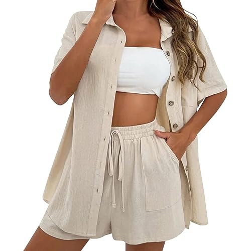 Two Piece Outfits for Women Dressy Casual Button Down Solid Shorts Shirt Set Quick Dry Athletic Wide Leg Pants Suit