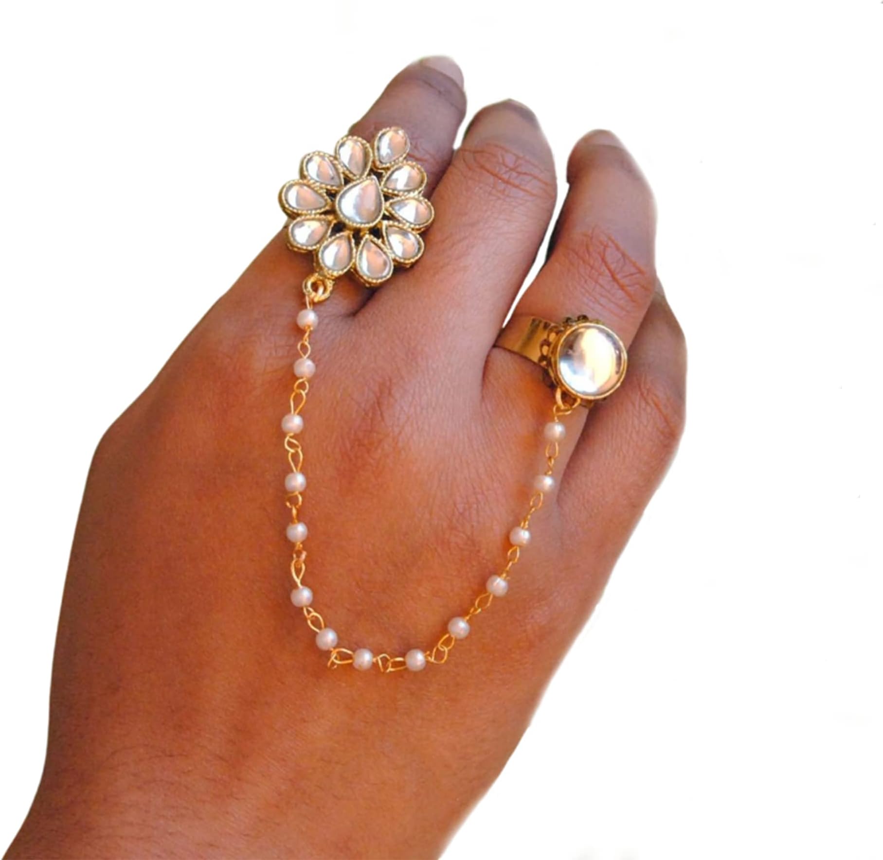 2 Finger Ring Linked With Pearl Chain Adjustable Double Rings Teardrop Ethnic Fashion Jewelry Contemporary Handmade Unique Traditional Jewelry Indian Designer