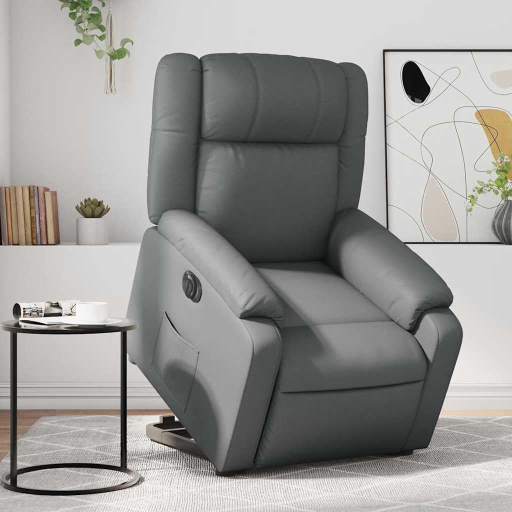 Sillón elevador eléctrico reclinable con masaje por vibración, color gris, de piel sintética, 6 puntos de masaje, función elevación e inclinación de 135 grados, estructura estable