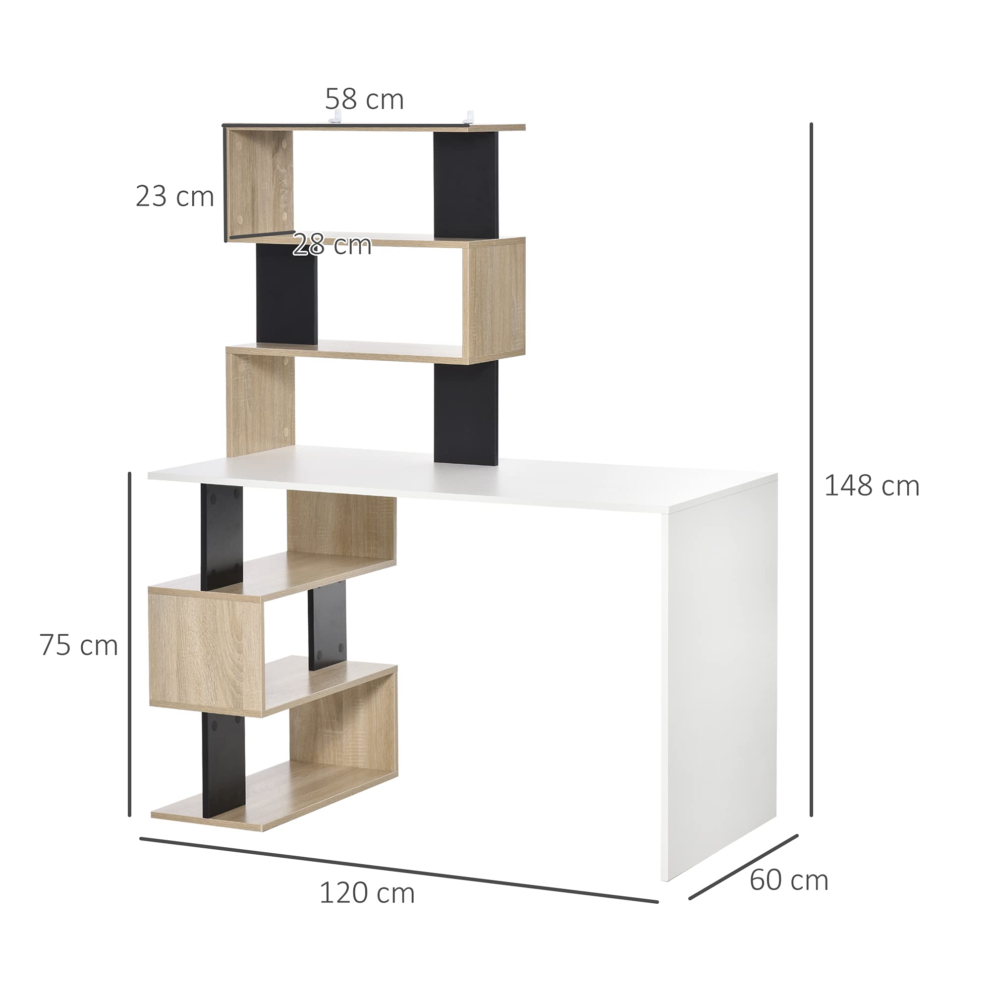 HOMCOM Scrivania con Libreria per Camera Ufficio 120x60x148cm Multicolore | Scrivania Ufficio, Porta PC, in Legno