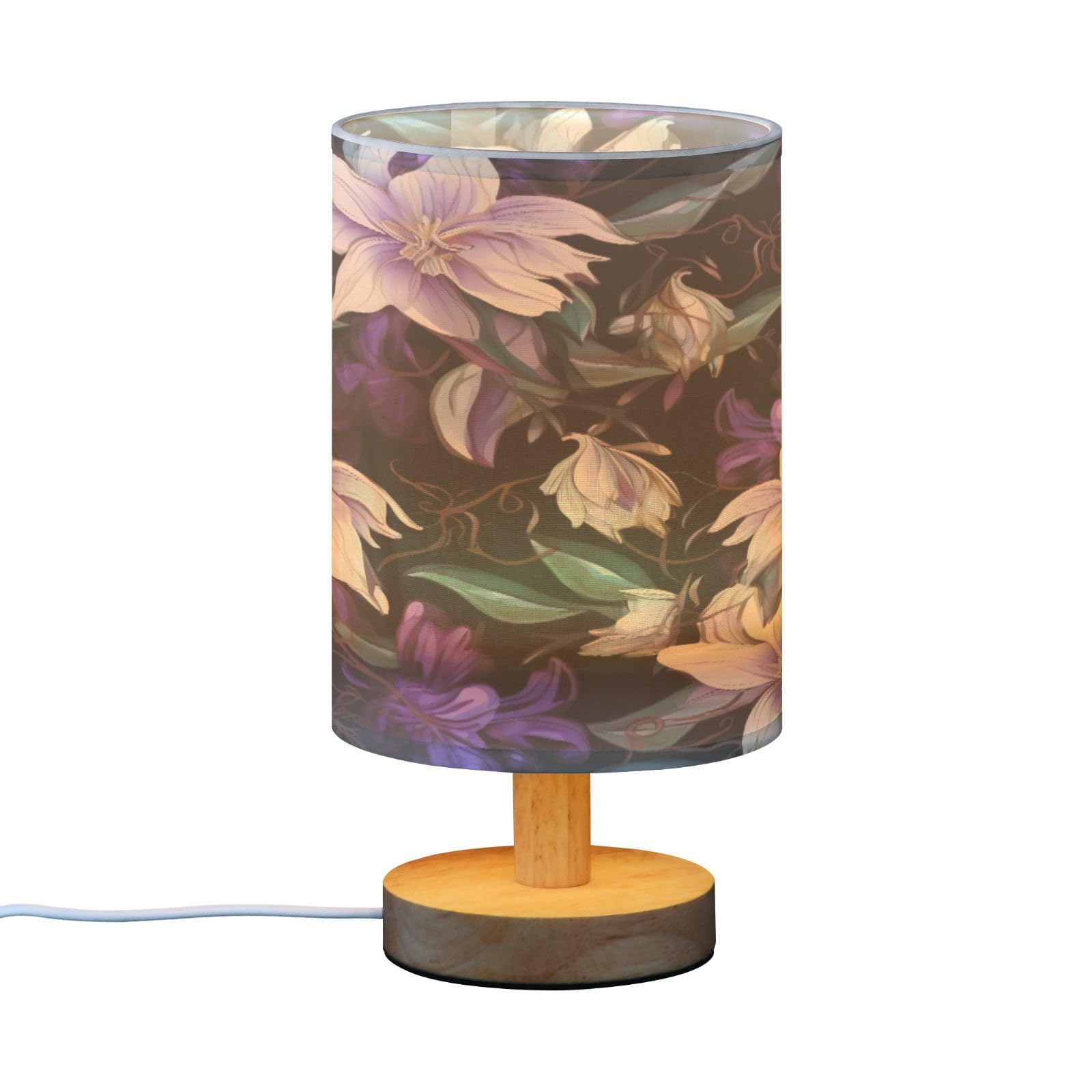 SDMKA Purple Flower Black Bedside Table Lamp for Bedroom, Minimalist Nightstand Lamp with Round Fabric Shade for Living Room, Office, No Bulb Required