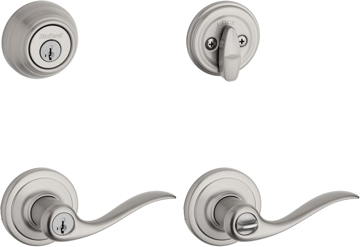 Kwikset 991 Tustin Entry Lever and Single Cylinder Deadbolt Combo Pack featuring SmartKey in Satin Nickel, Model Number: 99910-040