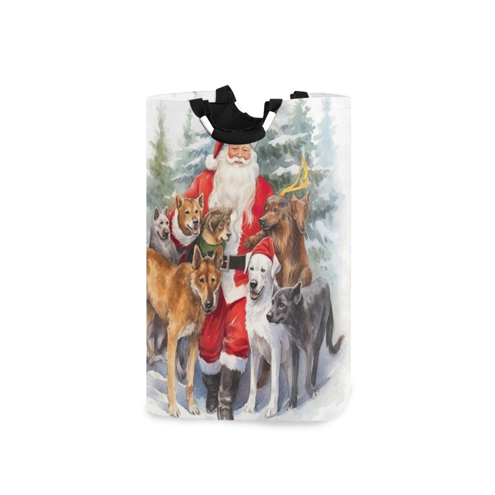 Jihqo Laundry Hamper Basket Christmas Santa Dogs Collapsible Nursery Storage Bin Waterproof Clothing Baskets for Home Bedroom Bathroom Washing Room