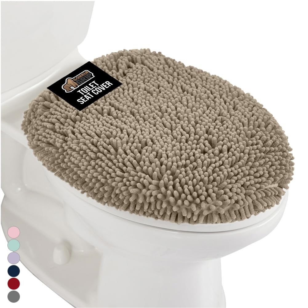 GORILLA GRIP Soft Chenille Bathroom Toilet Lid Cover, Machine Washable Seat Covers, 19.5x18.5, Stays in Place Rubber Backing, Fits Most Round, Elongated and Oblong Lids, Accessories Decor, Gray Beige