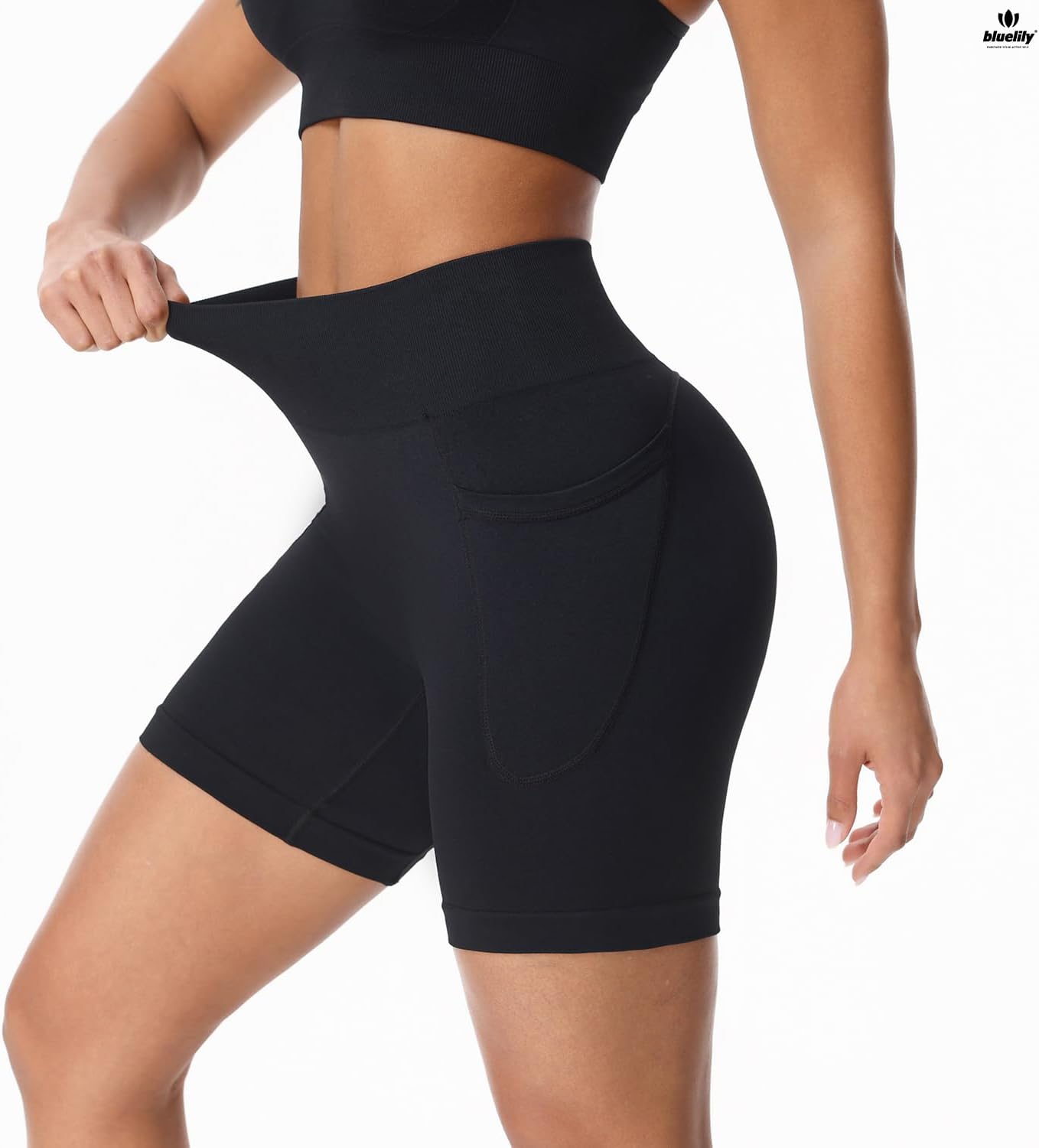 BLUELILY 3 Pack Women's Biker Shorts with Pockets 5" 8" Seamless High Waisted Tummy Control Workout Shorts for Running Gym - Image 4