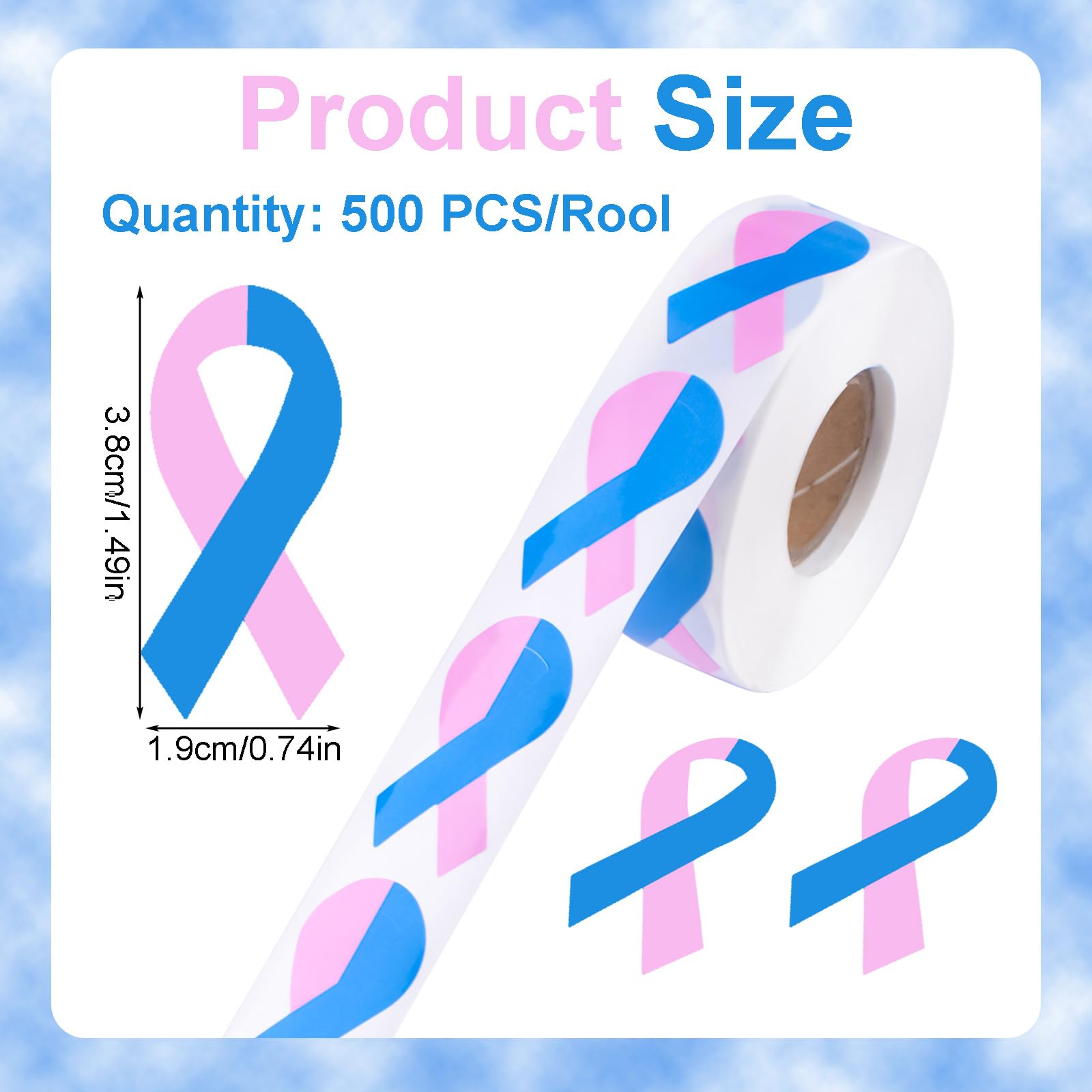 WANDIC 500 PCS Ribbon Sticker Roll Pink Blue Ribbon Defects Awareness Male Breast Cancer SIDS Awareness Care Stickers,for Social Charitable Activities,1.9 * 3.8cm - Image 2