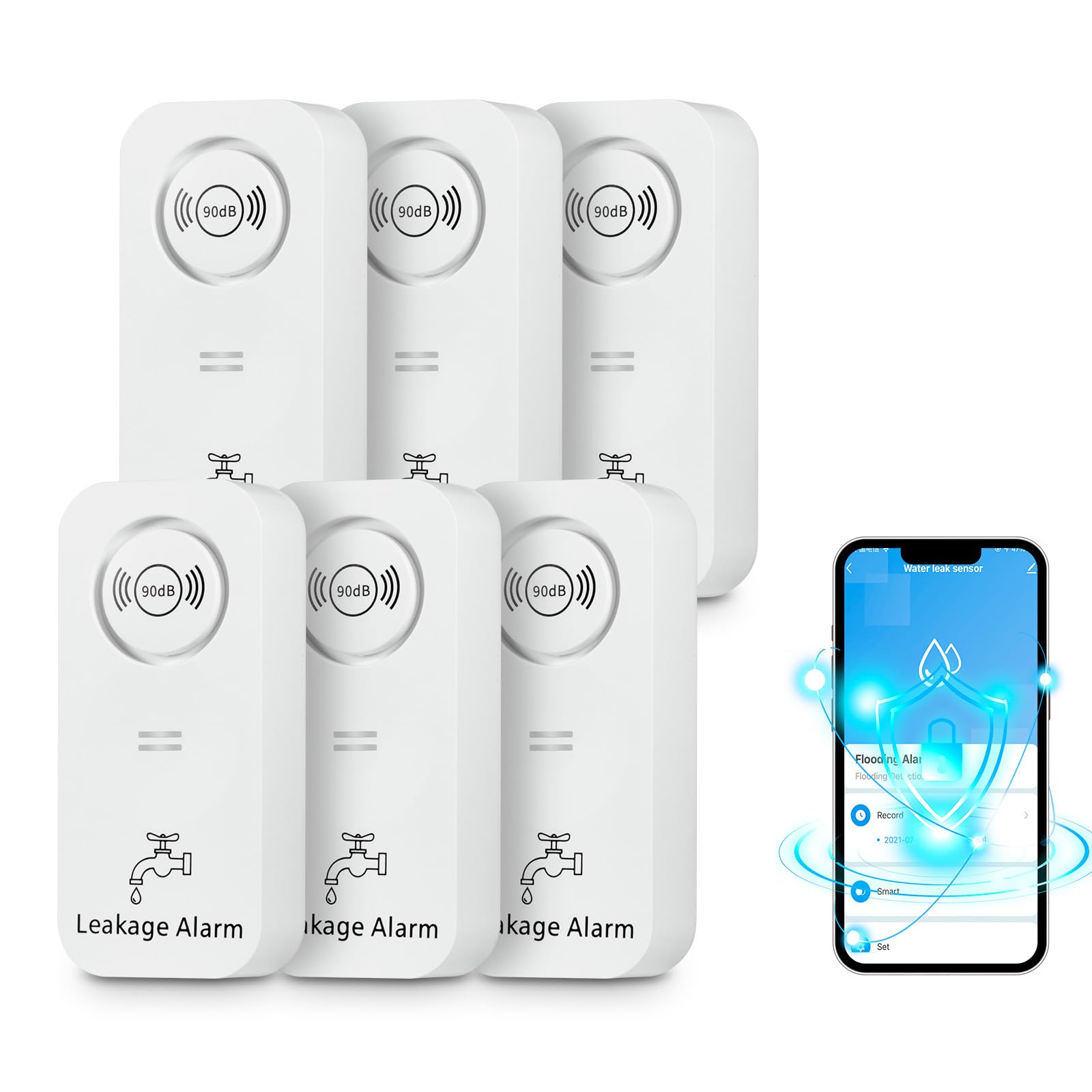Detector de Fugas de Agua WiFi (WiFi de 2,4 G), 90 dB con Sensor de Agua y Alarma por aplicación, Alarma de Agua inalámbrica, para tuberías, dormitorios, cocinas, baños, sótanos (6 Unidades)