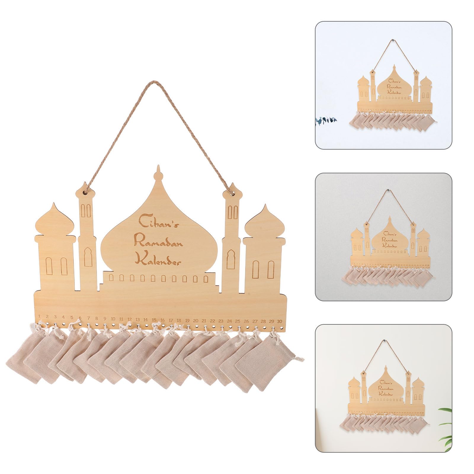 FRCOLOR Ramadan Kalender mit 30 Taschen aus Mdf und Baumwoll Leinen Interaktiver Eid Mubarak Countdown für Rustikale Wanddekoration im Exklusiven Orientalischen Schloss Design