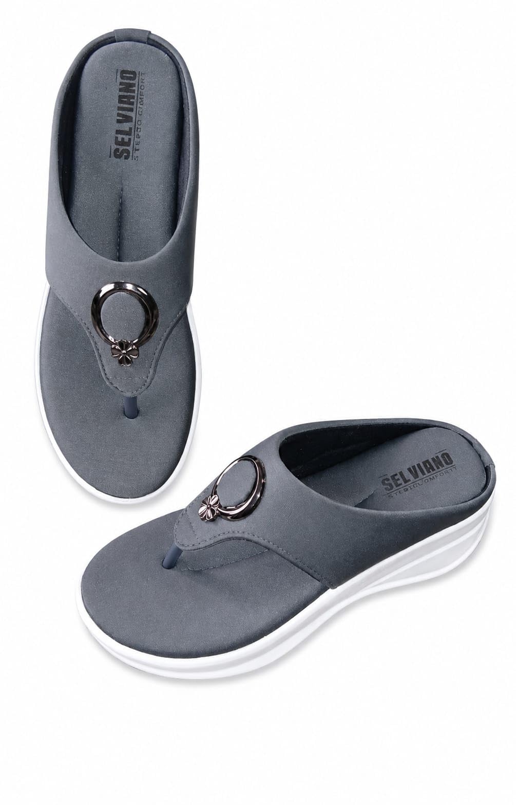 Womens Grey Comfort Toe Ring Slippers | Soft Cushioned Daily Wear Flip Flops With Floral Ring Design-image-43