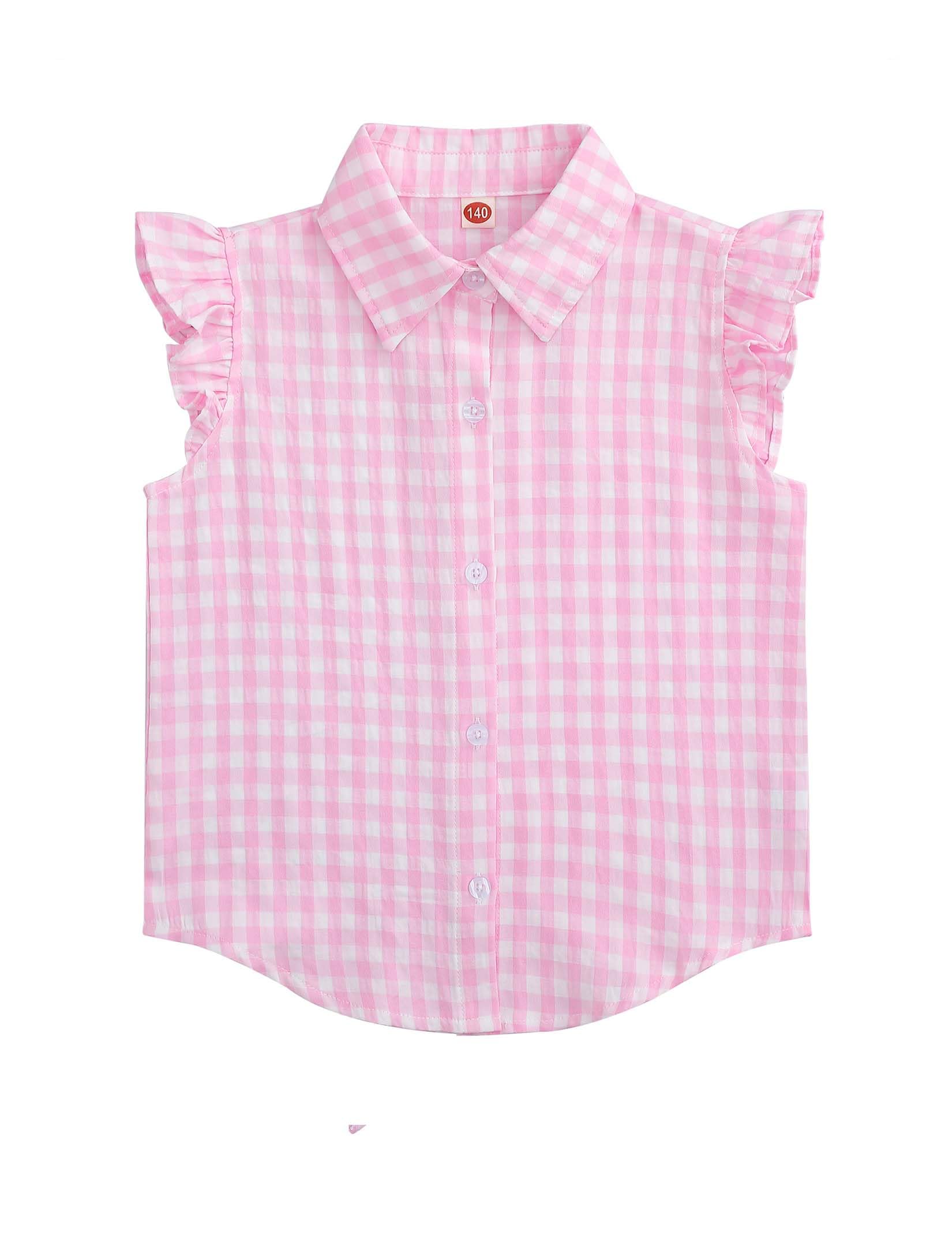 Girls Sleeveless Plaid Button Down Shirt Summer Crop Tops Tie Knot Ruffle Sleeve Shirt Blouse 3-12Y