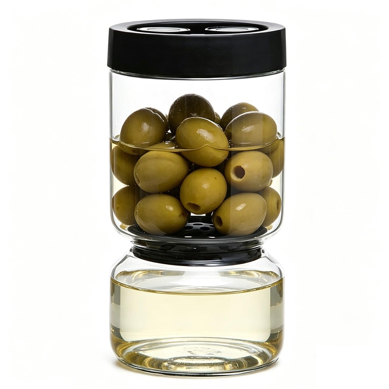 MEKLITRZ Glass Pickle Jar With Filter & Inner Separator - Leakproof Seal Lid, Food Storage Containers for Pickles, Gherkins, Olives, Onions - Fridge Safe Kitchen Keepers(Black,1140ml)