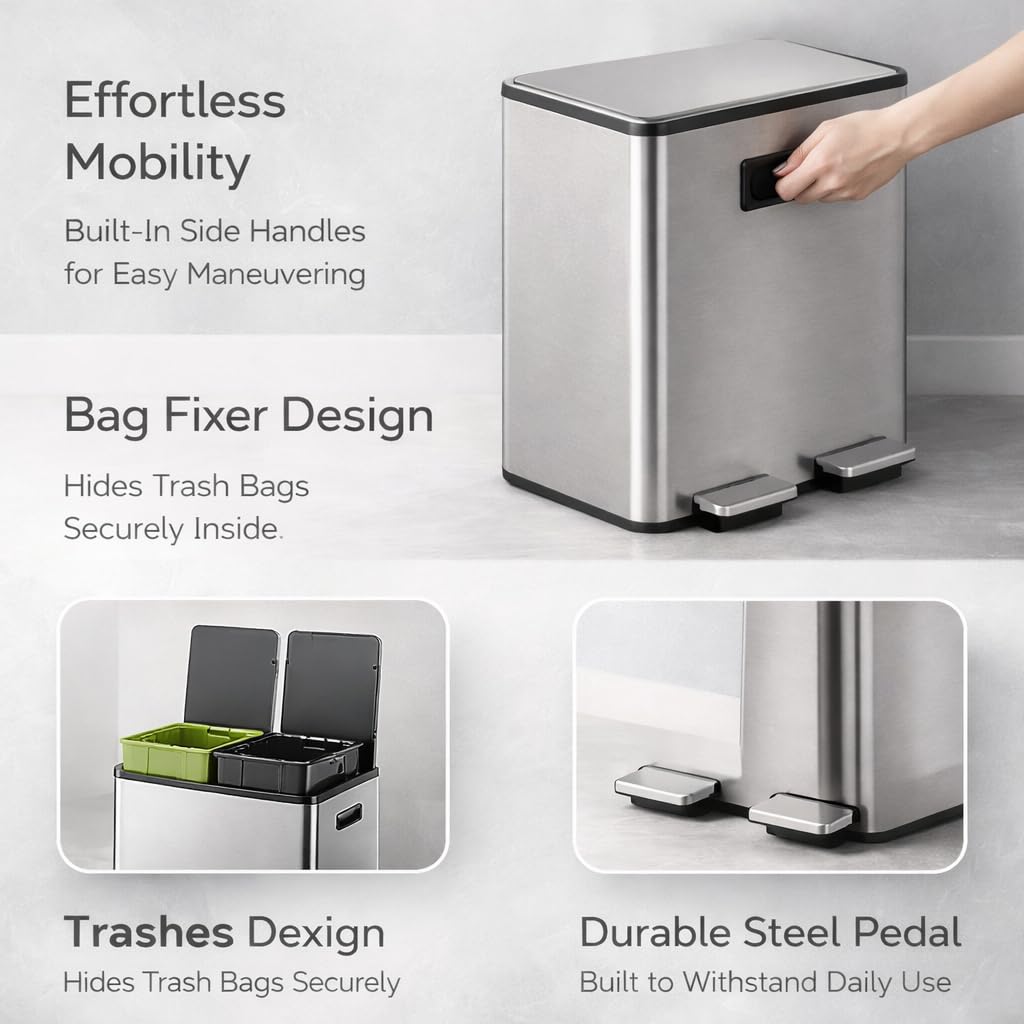 Kitchen Trash Can 16 Gallon (2 x 8 Gal) with Lid - Stainless Steel Dual Garbage Can, 2 Removable Buckets, Soft Close Step Pedal, Trash and Recycle Bin for Home Office