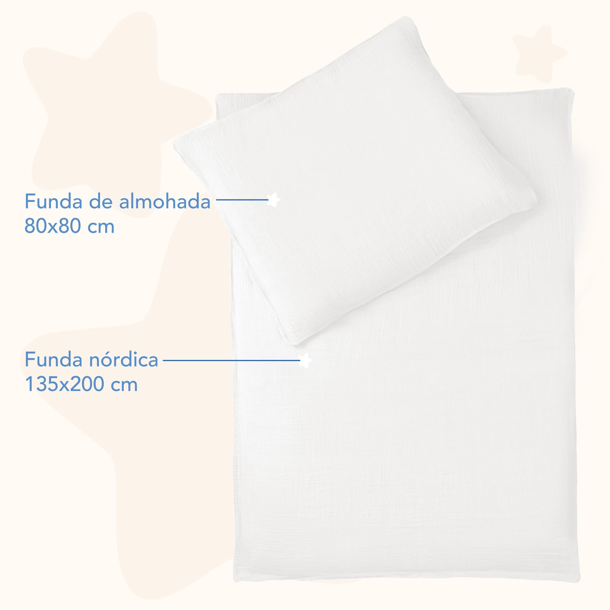 Dreamzie Funda nordica 135x200 cm con Funda de Almohada 80x80 cm – Ropa de Cuna en Muselina de algodón certificada Oeko-Tex – Color Blanco