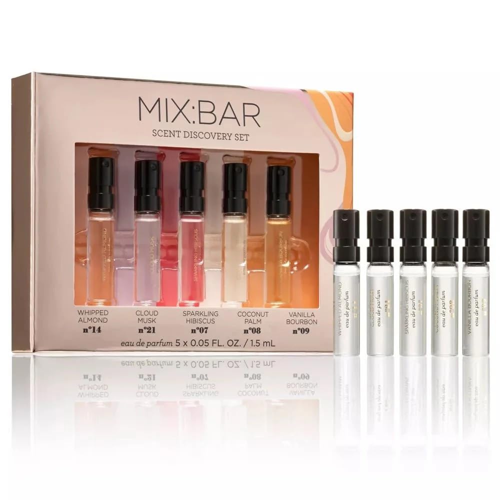 MIX:BAR Scent Discovery Set - Vanilla Bourbon + Whipped Almond + Coconut Palm + Cloud Musk + Sparkling Hibiscus - 5pc Perfume Sampler, 0.05 Fl Oz