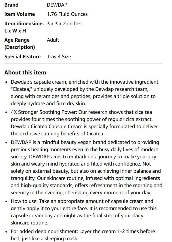 DEWDAP Cicatea Moisture Layering Capsule Cream, Niacinamide, Centella Asiatica for Deep Hydration, Face Moisturizer for Sensitive Skin, Korean Skincare (1.69 Fl Oz / 50ml)