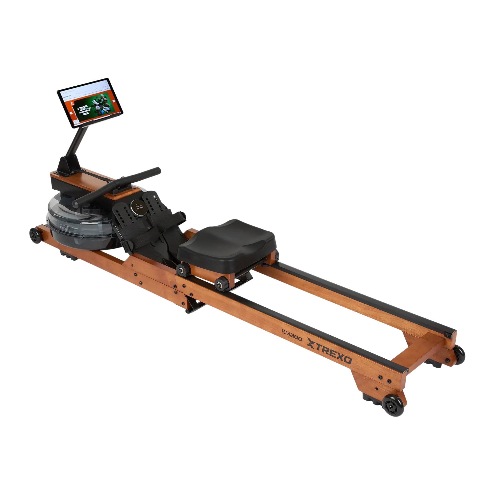 RM300 - Vogatore ad acqua in legno e acciaio, compatibile con Bluetooth e Kinomap – fino a 110 kg e 190 cm – per allenamento completo (tablet non incluso)