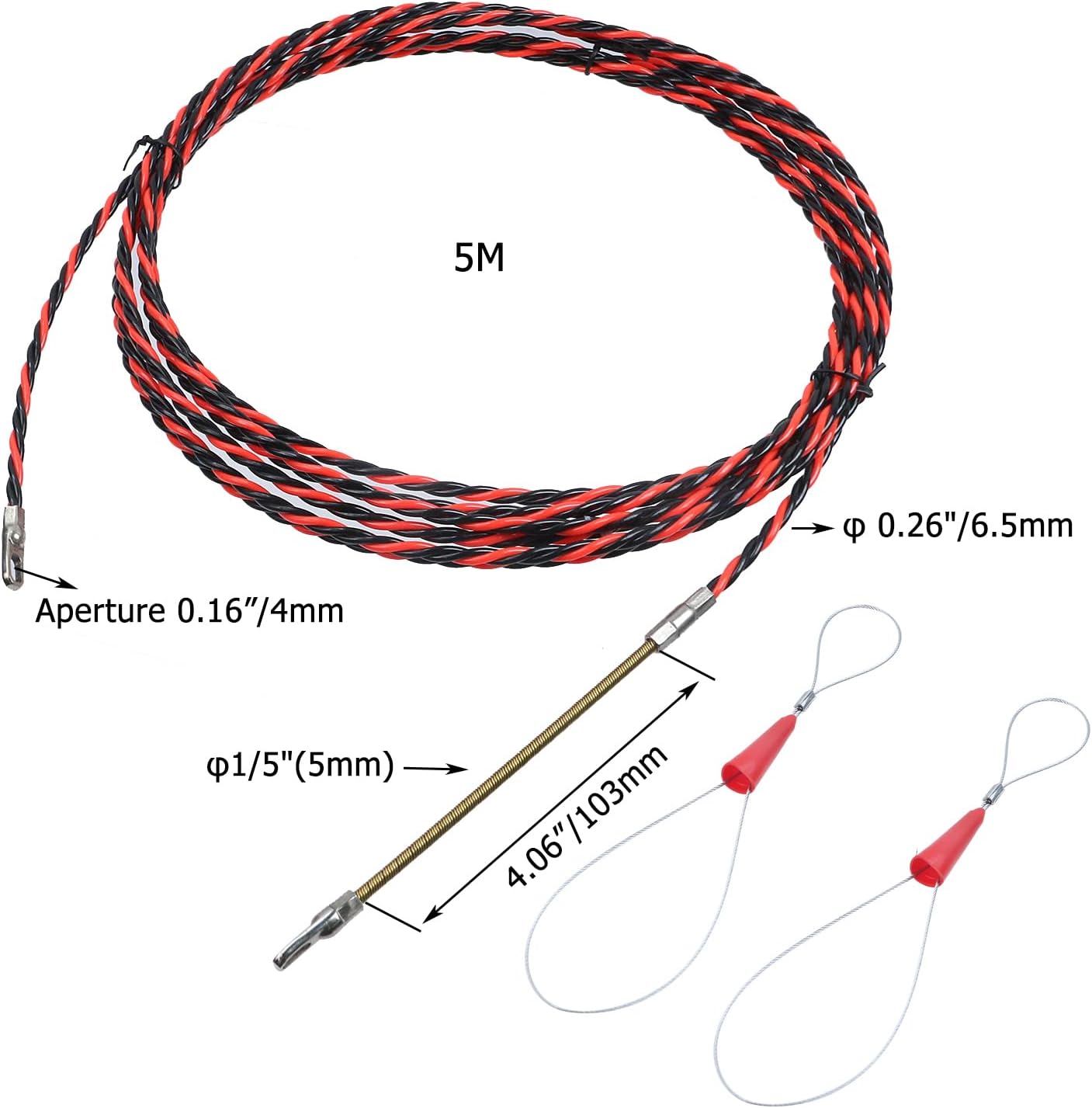 0.26"/6.5mm Fish Tape Cable Puller Kit, Electrical Cable Puller Through Wall Wire Guide Device Threader Fish Fastener, 3 Wires Twisted with Guide Spring(5M)