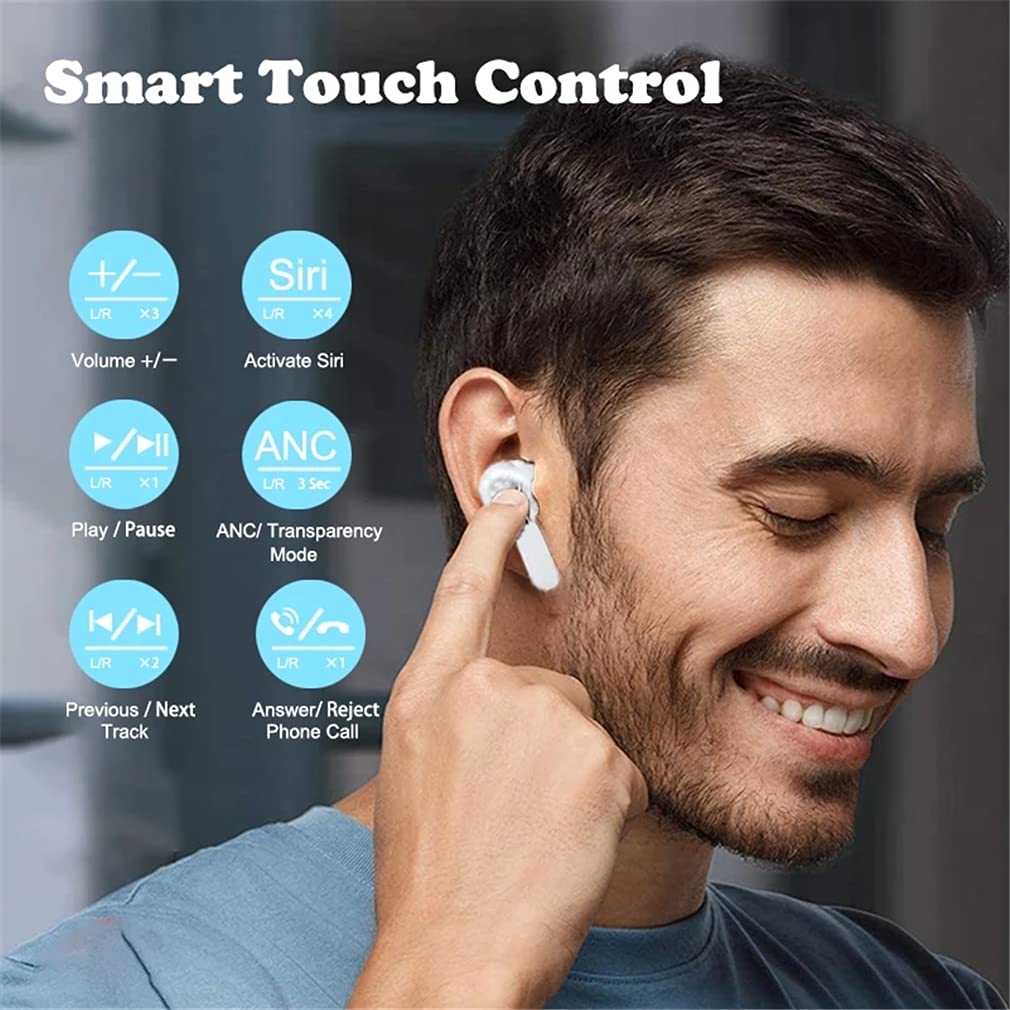 True Wireless Bluetooth 5.0 Auriculares con Micrófono, ANC Cancelación De Ruido HD Llame A Auriculares Impermeables En Ear 3D Control Táctil con LED Digital Pantalla Caja De Carga,Blanca