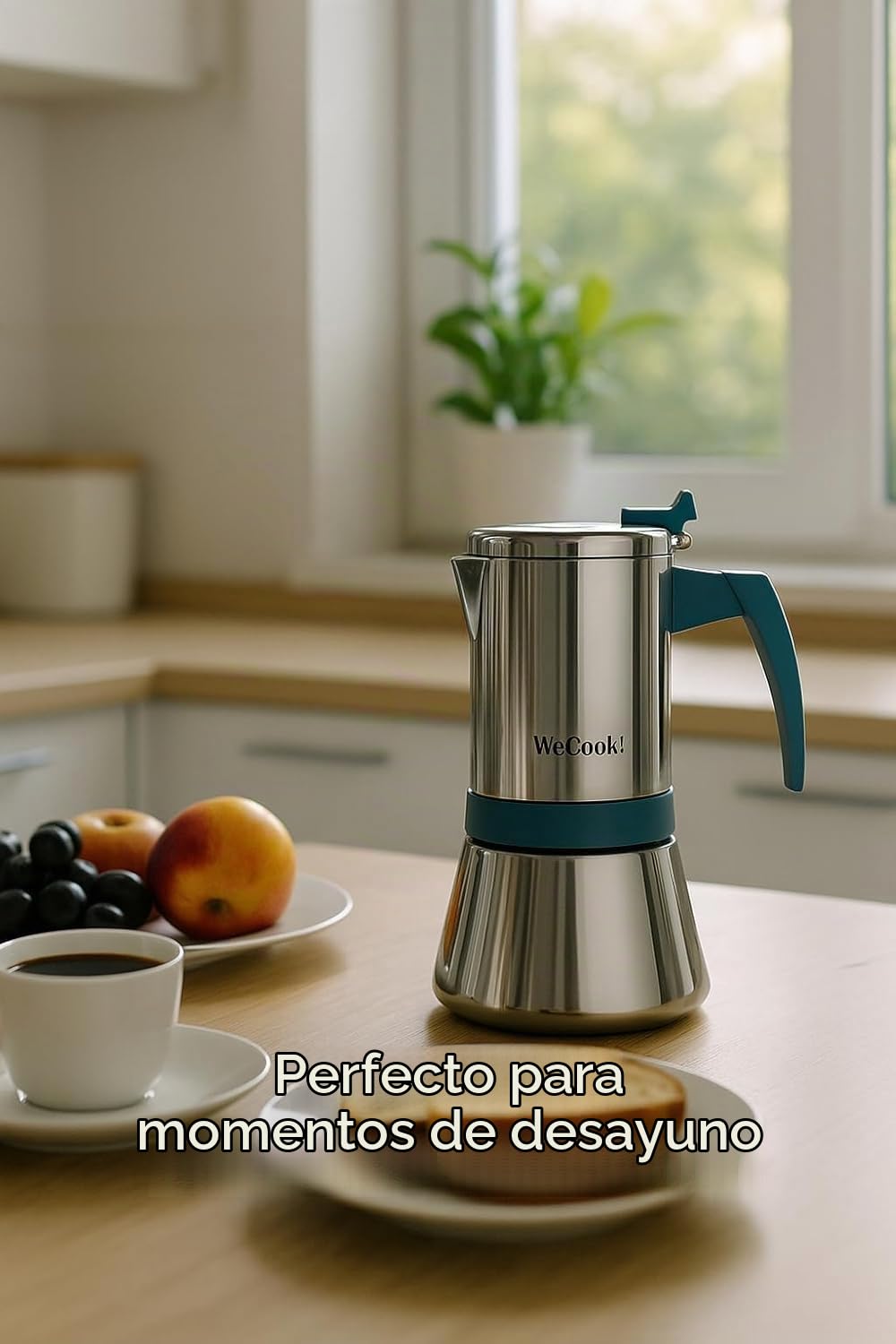 WECOOK! Cafetera Italiana Inox 18/10 para Inducción, Plateado-Blue, 9 Tazas | Gas, vitrocerámica y eléctrica, Mango baquelita Soft-Touch, Válvula seguridad níquel, Cuchara medidora incluida