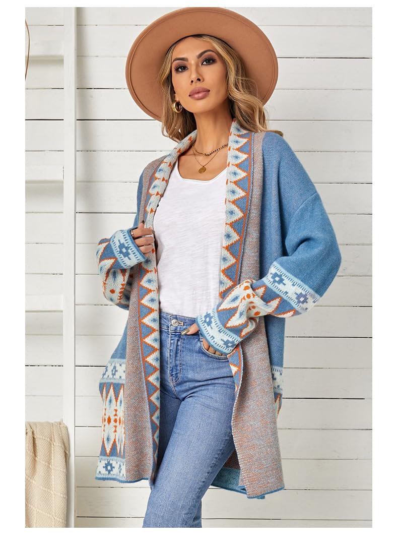 Chaqueta De Punto Mujer, Cárdigan De Punto para Mujer, Abrigo De Manga Larga con Frente Abierto, Abrigo De Punto con Cable con Gráfico Étnico Negro Vintage con Bolsillos, Chaqueta Infor