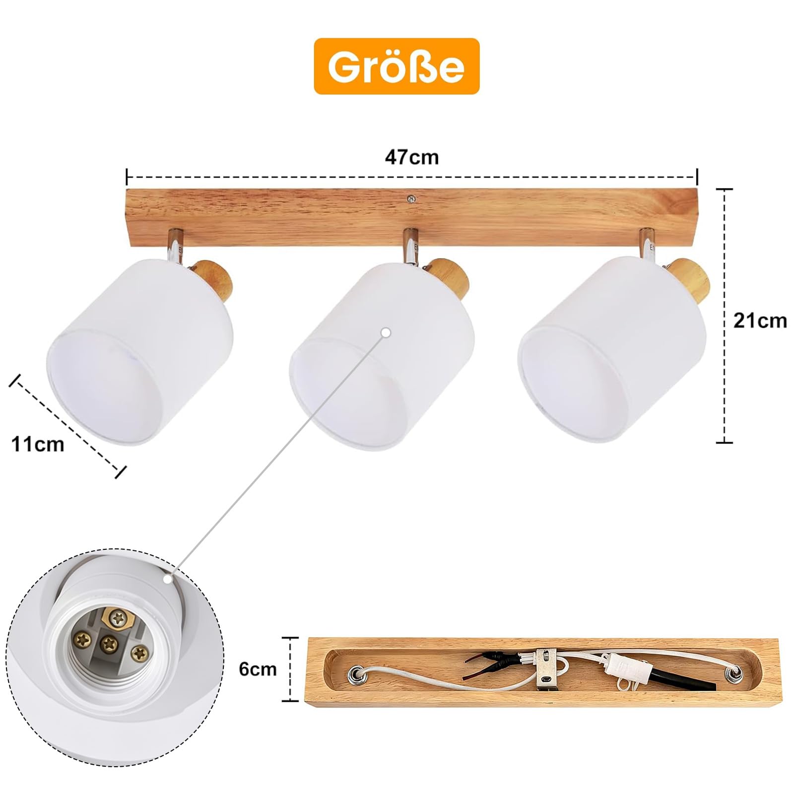 Glitzerlife Deckenlampe 3 Flammig Deckenstrahler Holz LED Deckenleuchte Vintage Boho E14 Schwenkbar 350° Retro MAX.25W