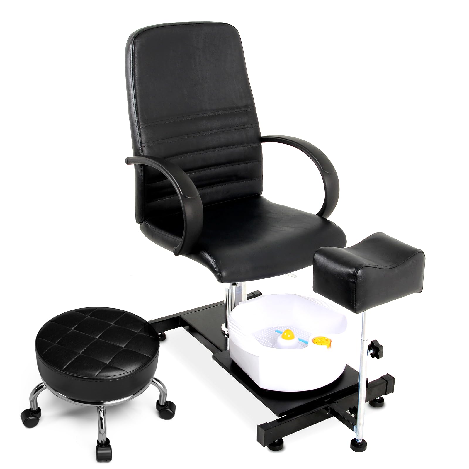 Paddie Black Pedicure Chair with Rolling Low Stool/Foot Basin/Foot Rest Hydraulic Adjustable for Salon Spa Nail Tech
