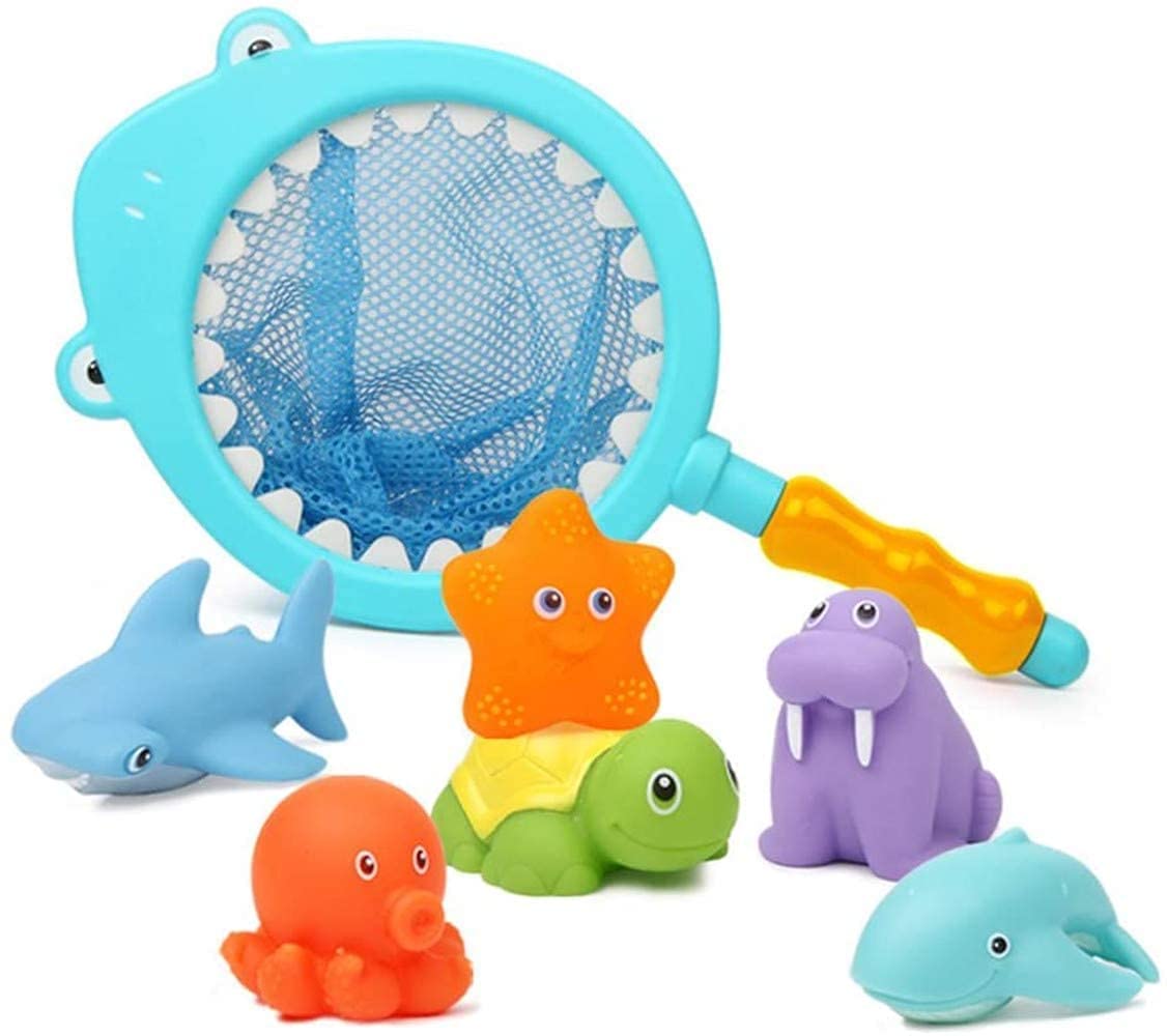 Arabest 7Pcs Baby Bath Toys, Scoop Net Fish Pool Toys with Spray, Sounds, Color Changing Toddler Bathtub Toys , Water Toys for Kids, Birthday Gifts for Boys & Girls