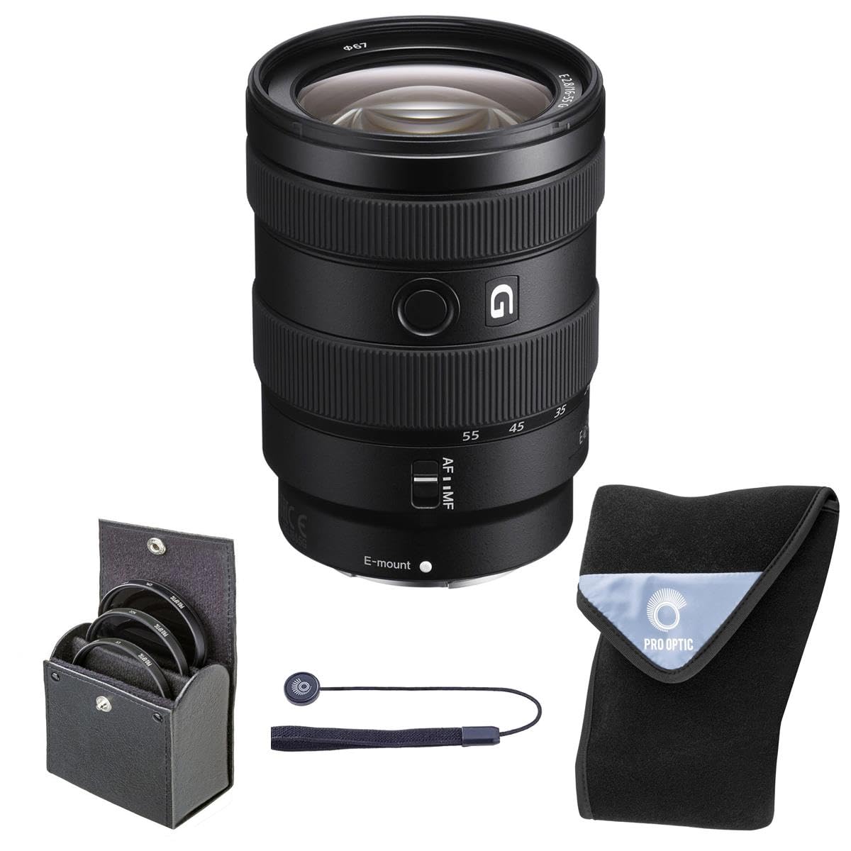 Sony E 16-55mm f/2.8 G Lens, Black, Bundle with 67mm Digital Essentials Filter Kit and 19x19 Wrap