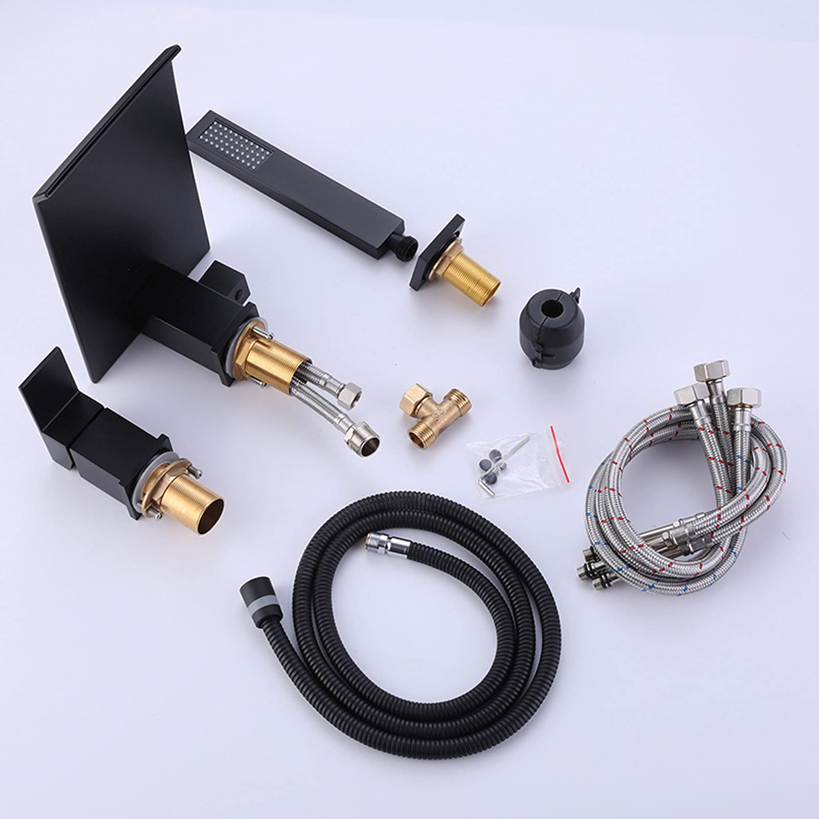 Rubinetto Vasca A Cascata Nero - 3 Fori, Con Doccetta, Ottone, Design Moderno - Foto 7