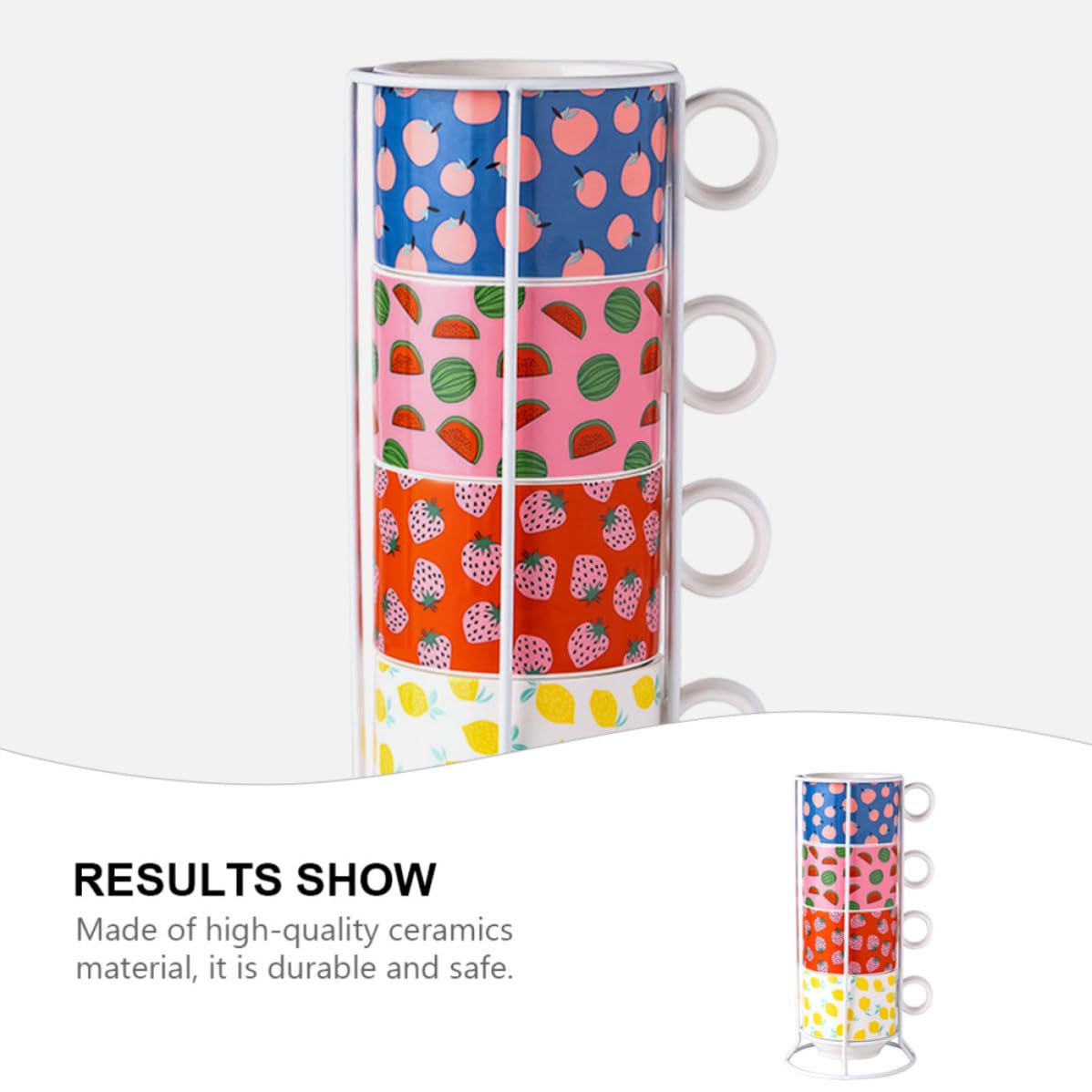 Housoutil Set di 4 Tazzine da caffè Design Creativo in Ceramica Impilabili Supporto in Ferro Salvaspazio da 200ml per Casa e Negozio