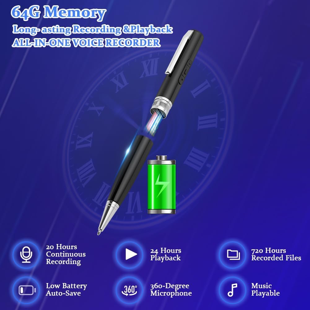 Ainiv 64GB Registratore Vocale, Registratore Audio HD con Lettore di Schede, Registrazione Penna a Forma di Penna per Lezioni, Riunioni, Classi, Digitales Diktiergerät, Voice Recorder Diktiergerät