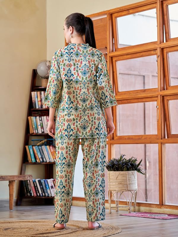 Image of Cotton Relaxed Fit Shirt & Trouser Co-Ord Set for Women |Front Openable Button and 3 /4 Sleeve Shirt |Two Pockets and Elasticated Waist Trouser | Casual Wear and Everyday Wear