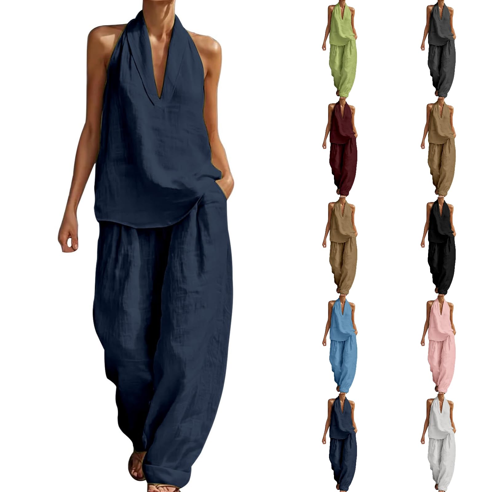 Completo Lino Donna Completi Estivi Donna con Scollo a V Completo Casual da in Due Pezzi Ampio Tailleur Lino Fresco Estivo Tessuti Comfortable Casa Tuta Completa Estiva Ideale per Estate al Mare