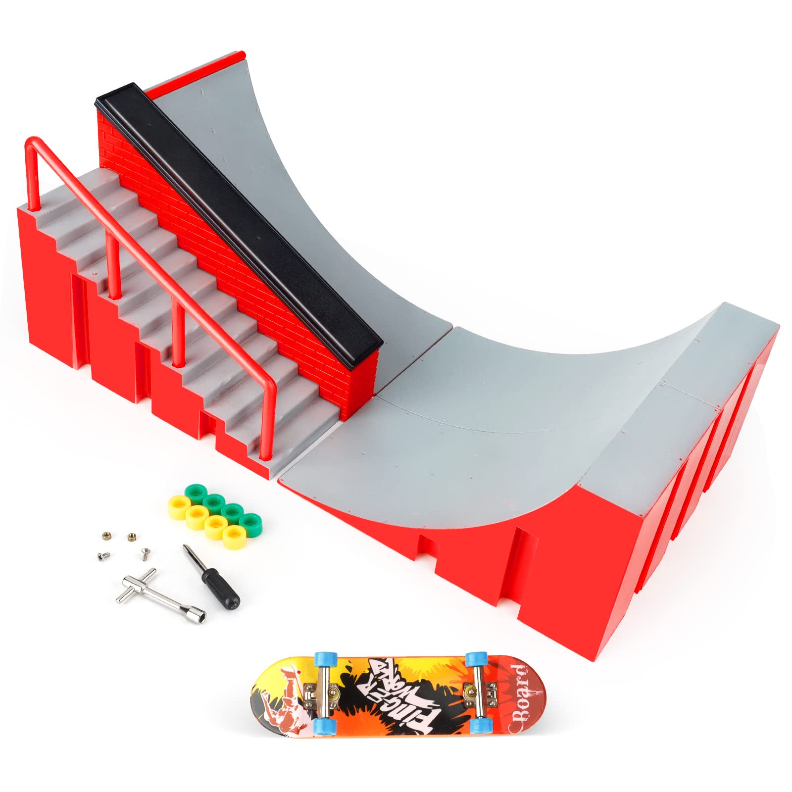 MOMSIV Mini Finger Skateboard and DIY Ramp Accessories Set, Skate Park Deck Truck Board Ramp Kit Fingertip Movement Party Sports Game Toy for Kids and Children (A)