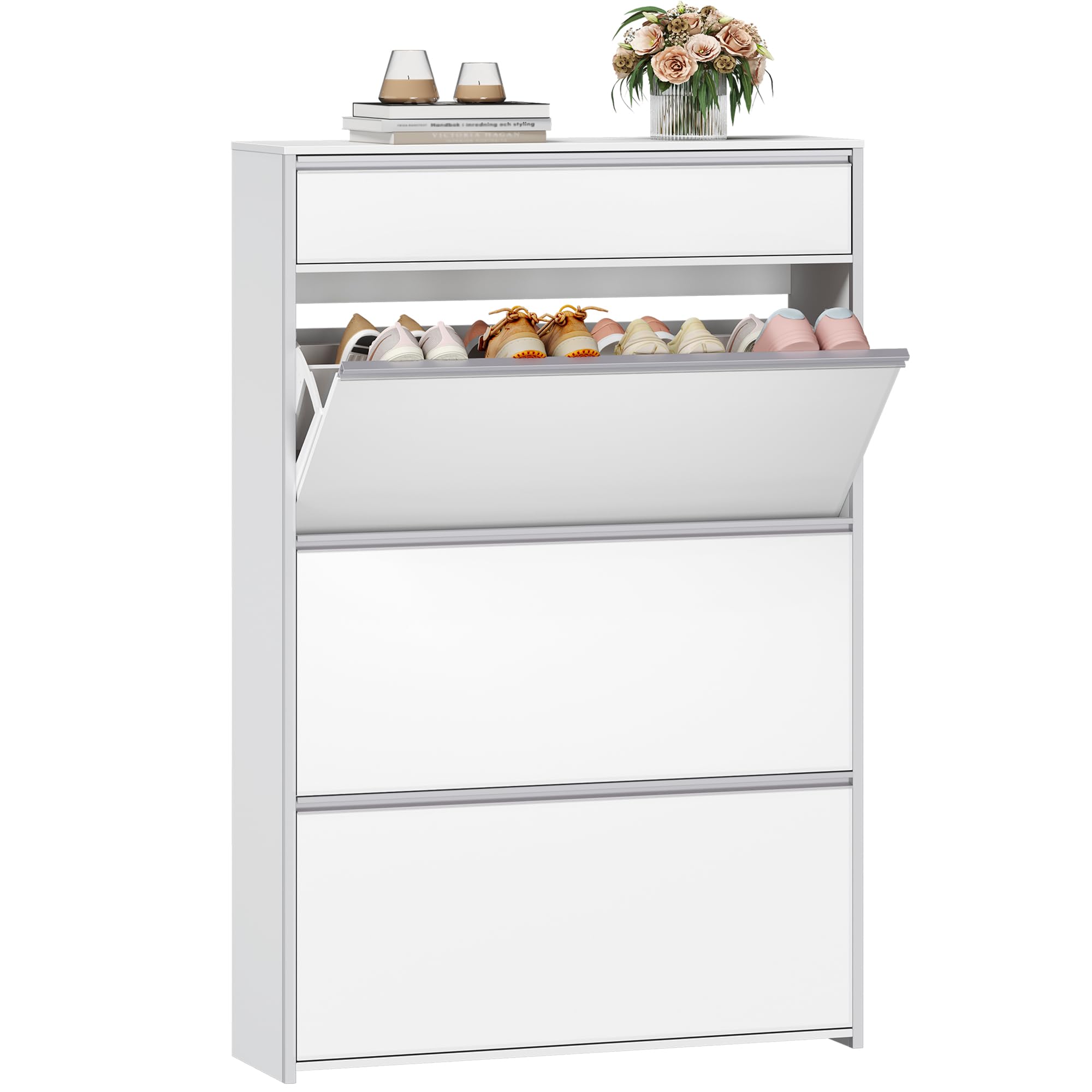 HEXCELEN Armario Zapatero Estrecho con 3 Puertas Abatibles, Zapatero con Cajón, Divisor Ajustable y Desmontable, para 18-24 Pares, para Pasillo, Entrada, 80 x 24 x 137,5 cm, Blanco-Plata
