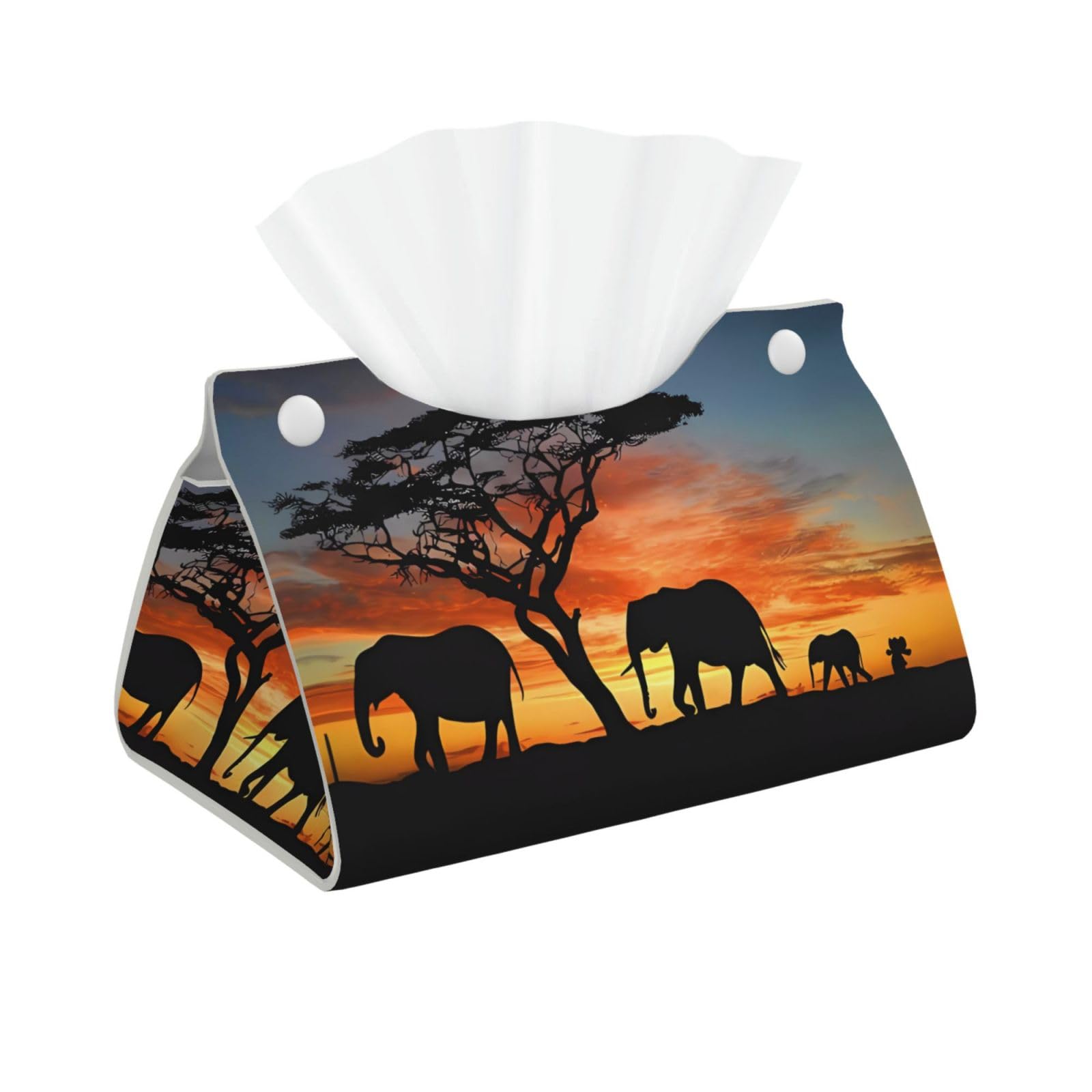 African Elephant Print Long Tissue Box Cover Holder Foldable Leather Organizer for Vanity, Nightstand, Desk & Bathroom