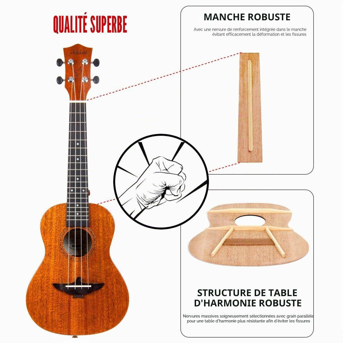 Aklot Concert Ukulele 23 Pouces Ukulélé Acoustique Yukulele Professionnel Acajou Ukelele Débutants Petitioner Ensemble avec Haute Qualité Sac de Avec Cours en ligne et Kit