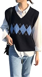 SLLSKY Argyle Spliced Sweater Vest Women V-Neck Casual Vintage Pullover Knitted Sweater Soft Loose Sleeveless Tops