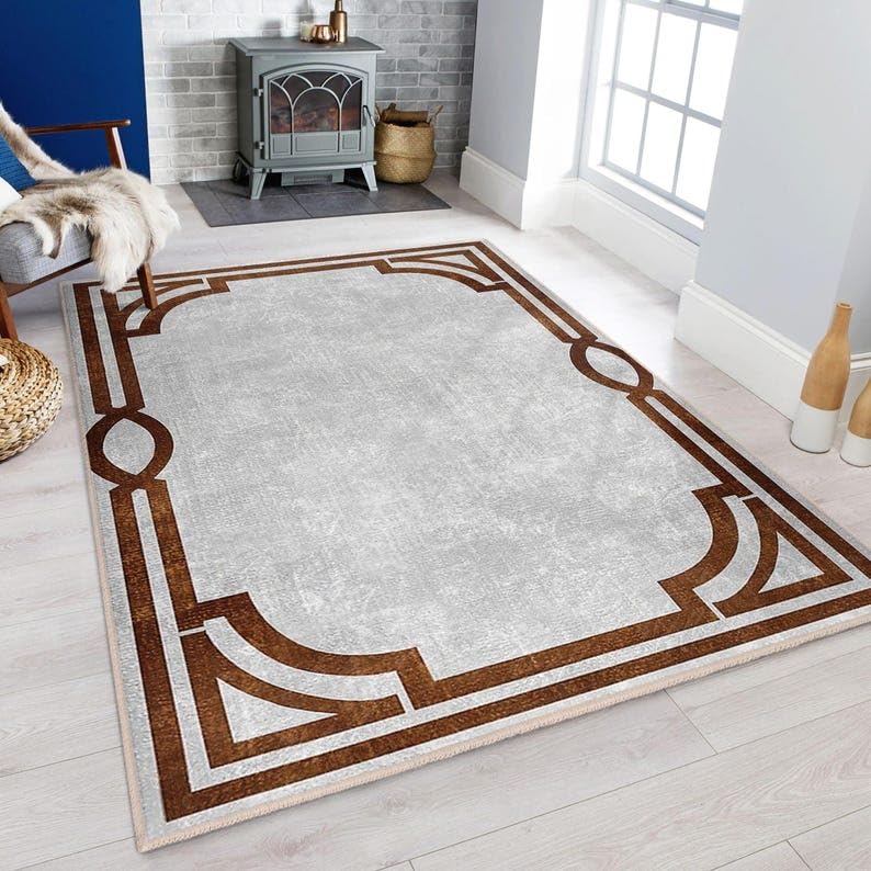 Tapis d'appoint géométrique marron 180x250cm lavable pour salon