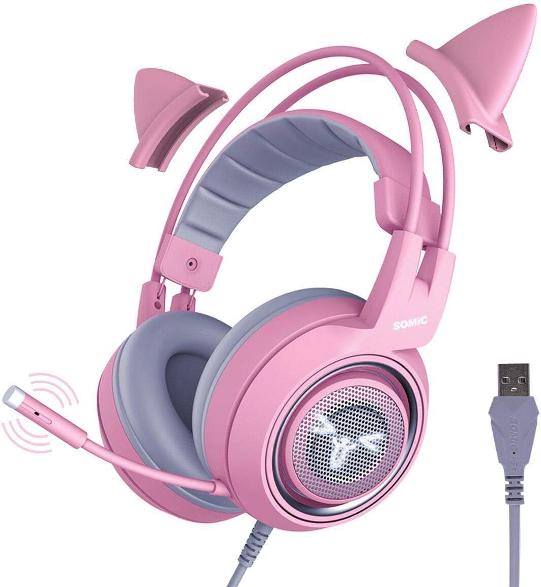SOMiC Pink Cat Gaming Headset with Virtual 7.1 and LED Light, Surround Sound, Headset with Noise Cancelling Mic for Computer, PS4, Laptop to Girls, Woman (USB Plug)