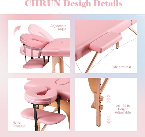 Miniatura 4 de CHRUN Mesa de masaje portátil amplia cama de masaje de 84 pulgadas, cama de spa de 2 pliegues, 9 alturas, funda de transporte ajustable, cama de