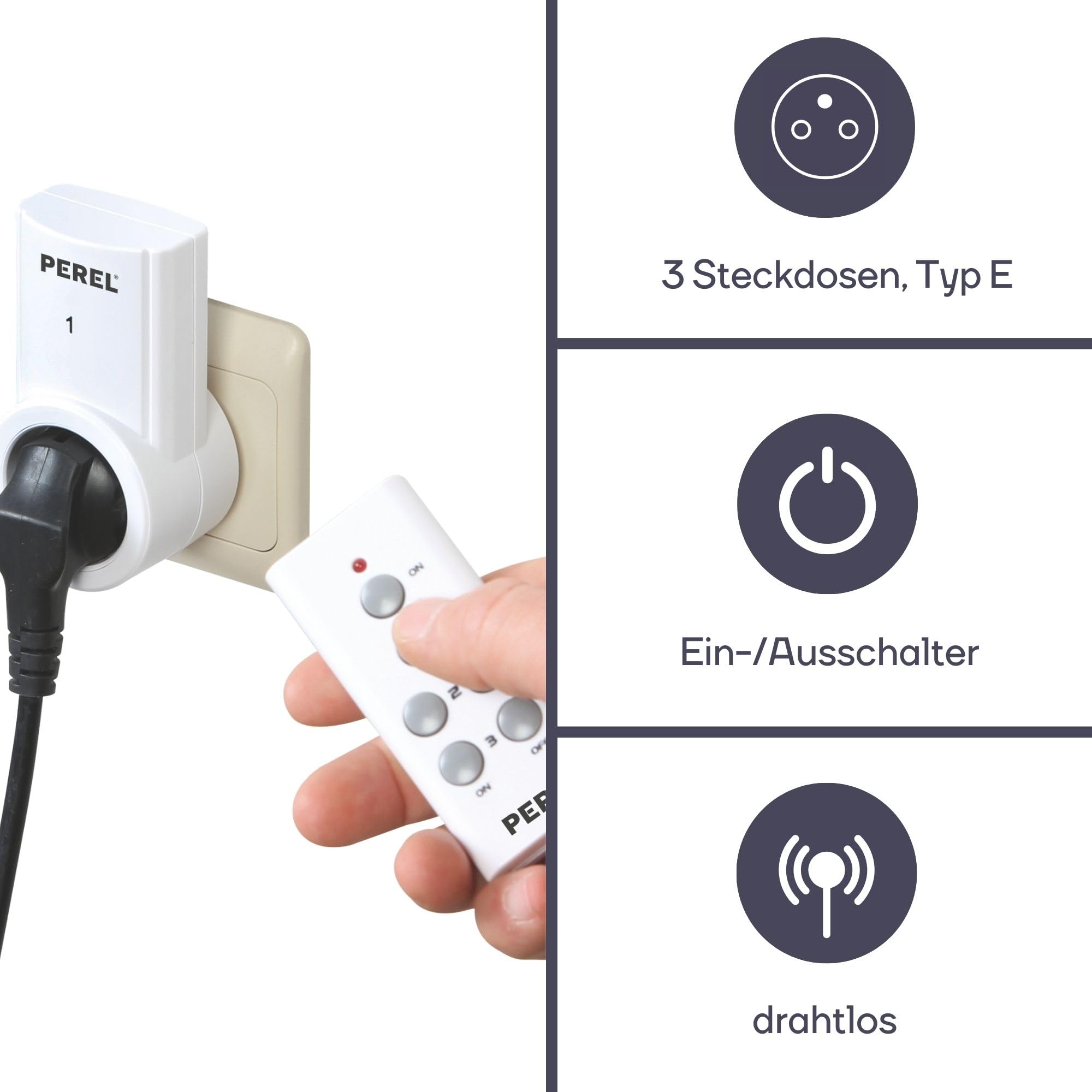 Perel Funksteckdose, mit Fernbedienung, 3er Set, bis zu 25 m, 10 A, 2300 W, weiß