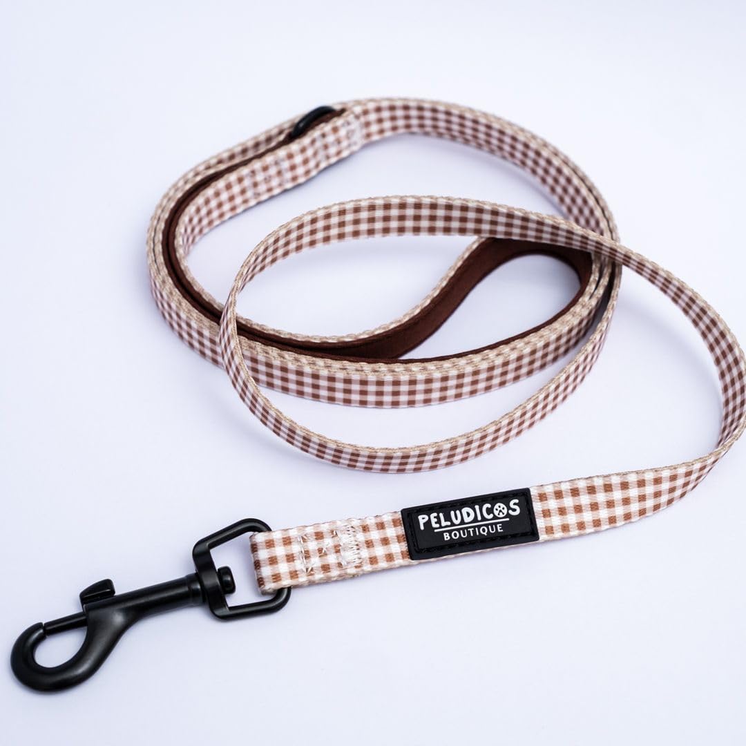 Pack Arnés L y Correa M Mocca para Perro Ajustables de Neopreno – Diseño Vichy, Cómodos y Resistentes – 4 Tallas