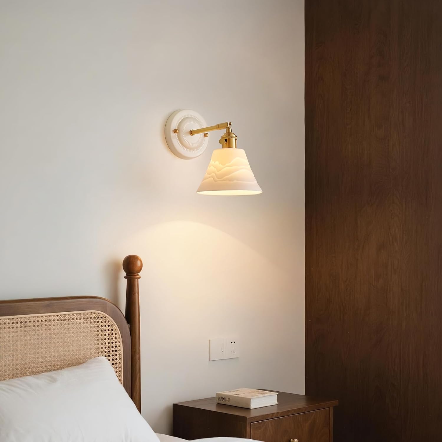 Vintage White Ceramic Brass Gold Hardwired Indoor Wall Sconce Wall Lighting with On/OFF Switch, 180 Degree Adjustable Arm Bedside Wall Mount Lamp Light Fixture for Living Room Bedroom Hallway Office
